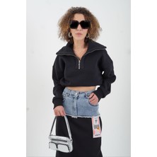 Zelish My Sister Siyah Yarım Fermuar Patlı Crop Sweat