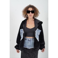 Zelish My Sister Siyah Denim Cepli Suni Kürk Mont