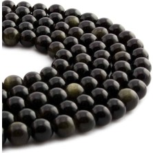 Uçar Doğal Taş Gold Obsidyen Doğal Taş Parlak Siyah Küre Kesim 8mm Dizi [AA]