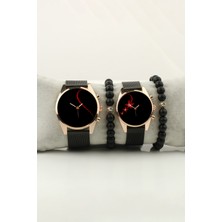 Stony Sevgili Saati Sade Kalp Çiçek Tasarım Kasa Bileklik Set Kadın Kol Saati ve Erkek Kol Saati