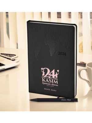 Bk Gift Kişiye Özel Öğretmenler Günü Tasarımlı 378 Siyah Termo Deri Ajanda 2024 ve Kalem Hediye Seti- 3, Öğretmene Hediye, Öğretmenler Günü