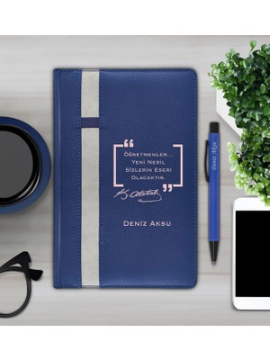 Bk Gift Kişiye Özel Öğretmenler Günü Tasarımlı 372 Lacivert Termo Deri Ajanda 2024 ve Kalem Hediye Seti- 2, Öğretmene Hediye, Öğretmenler Günü