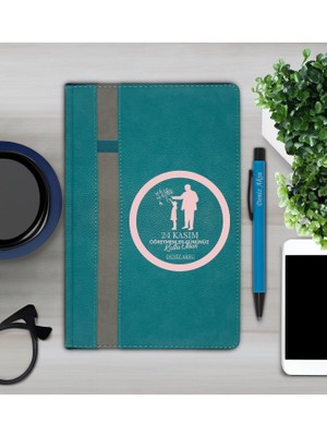 Bk Gift Kişiye Özel Öğretmenler Günü Tasarımlı 372 Turkuaz Termo Deri Ajanda 2024 ve Kalem Hediye Seti- 4, Öğretmene Hediye, Öğretmenler Günü