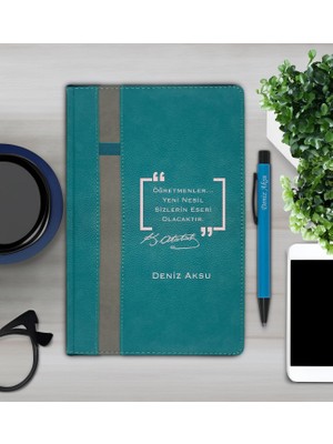 Bk Gift Kişiye Özel Öğretmenler Günü Tasarımlı 372 Turkuaz Termo Deri Ajanda 2024 ve Kalem Hediye Seti- 2, Öğretmene Hediye, Öğretmenler Günü