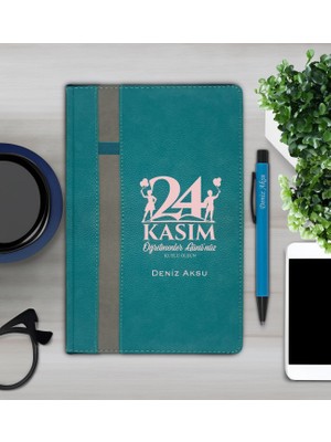 Bk Gift Kişiye Özel Öğretmenler Günü Tasarımlı 372 Turkuaz Termo Deri Ajanda 2024 ve Kalem Hediye Seti- 3, Öğretmene Hediye, Öğretmenler Günü