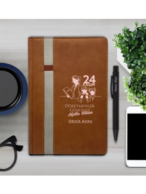 Bk Gift Kişiye Özel Öğretmenler Günü Tasarımlı 372 Taba Termo Deri Ajanda 2024 ve Kalem Hediye Seti- 1, Öğretmene Hediye, Öğretmenler Günü