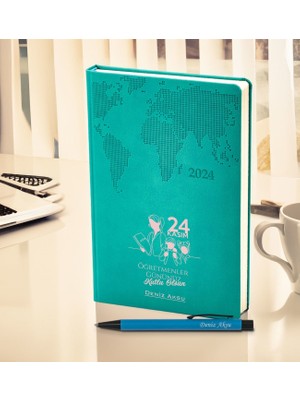 Bk Gift Kişiye Özel Öğretmenler Günü Tasarımlı 378 Turkuaz Termo Deri Ajanda 2024 ve Kalem Hediye Seti- 1, Öğretmene Hediye, Öğretmenler Günü