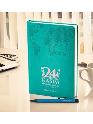 Bk Gift Kişiye Özel Öğretmenler Günü Tasarımlı 378 Turkuaz Termo Deri Ajanda 2024 ve Kalem Hediye Seti- 3, Öğretmene Hediye, Öğretmenler Günü