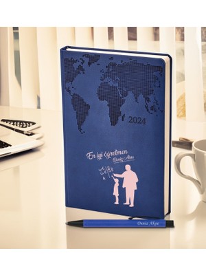 Bk Gift Kişiye Özel Öğretmenler Günü Tasarımlı 378 Lacivert Termo Deri Ajanda 2024 ve Kalem Hediye Seti- 5, Öğretmene Hediye, Öğretmenler Günü