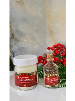 Aura Gift Shop Merry Christmas Etiketli Mum Ve Dekoratif Kibrit Seti, 210ml Vanilya Kokulu Cam Kavanoz Mum, Yılbaşı