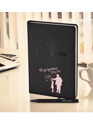 Bk Gift Kişiye Özel Öğretmenler Günü Tasarımlı 378 Siyah Termo Deri Ajanda 2024 ve Kalem Hediye Seti- 5, Öğretmene Hediye, Öğretmenler Günü