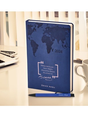 Bk Gift Kişiye Özel Öğretmenler Günü Tasarımlı 378 Lacivert Termo Deri Ajanda 2024 ve Kalem Hediye Seti- 2, Öğretmene Hediye, Öğretmenler Günü