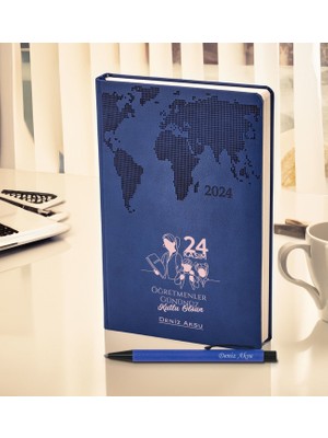 Bk Gift Kişiye Özel Öğretmenler Günü Tasarımlı 378 Lacivert Termo Deri Ajanda 2024 ve Kalem Hediye Seti- 1, Öğretmene Hediye, Öğretmenler Günü