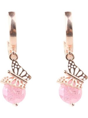 925 Ayar Gümüş Buzlu Pink Quartz Taşlı Kelebek Küpe