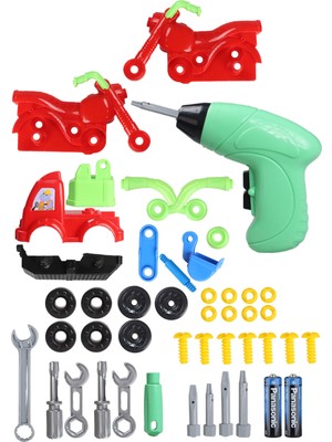 Toyaş Eğitici Sök Tak Oyuncak Pilli Matkaplı 47 Parça Araç Tamir Seti Kepçe ve Kırmızı Motor