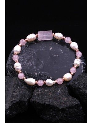 Alibaba Doğaltaş Pembe Kuvars - Inci - Hematit Doğal Taş Tasarım Bileklik