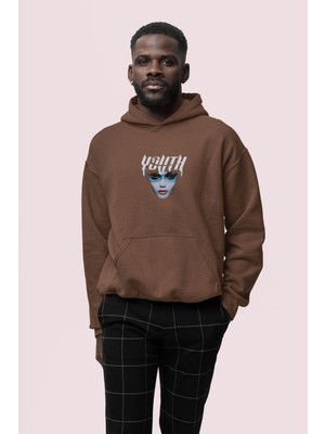 Bugia Youth Baskılı Kahverengi Erkek Kapüşonlu 3 Iplik Şardonlu Ribanalı Sweatshirt Hoodie