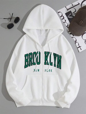 Black Sokak Beyaz Brooklynn Baskılı Oversize Kapuşonlu Erkek Sweatshirt