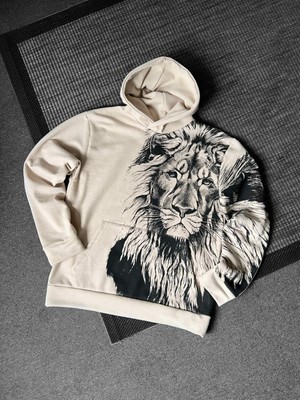 Black Sokak Bej Aslan Baskılı Oversize Kapuşonlu Erkek Sweatshirt