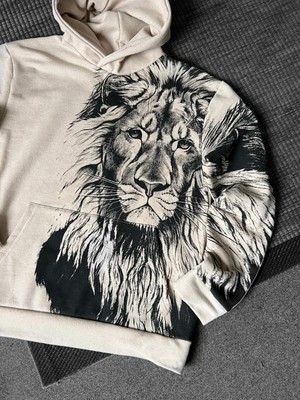 Black Sokak Bej Aslan Baskılı Oversize Kapuşonlu Erkek Sweatshirt