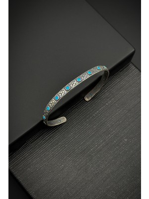 Frnch 925 Ayar Gümüş Italyan Model Zirkon Taşlı Mavi Erkek Kelepçe Bileklik FRJ12011-3011-M