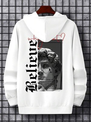 Black Sokak Beyaz Believe Baskılı Oversize Kapüşonlu Erkek Sweatshirt