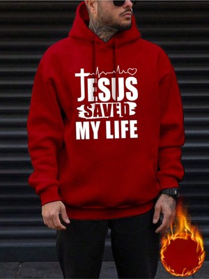 Black Sokak Kırmızı Jesus Saved Baskılı Oversize Kapüşonlu Erkek Sweatshirt