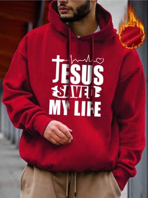 Black Sokak Kırmızı Jesus Saved Baskılı Oversize Kapüşonlu Erkek Sweatshirt