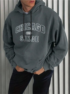 Black Sokak Antrasit Chicago 1966 Since Baskılı Oversize Kapüşonlu Erkek Sweatshirt