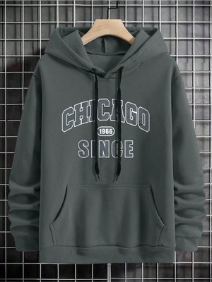 Black Sokak Antrasit Chicago 1966 Since Baskılı Oversize Kapüşonlu Erkek Sweatshirt