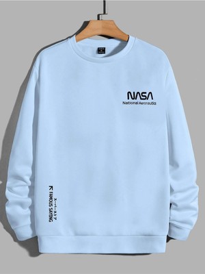 Black Sokak Bebe Mavisi Nasa Baskılı Oversize Bisiklet Yaka Erkek Sweatshirt