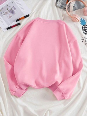 Black Sokak Pembe Ayıcık Baskılı Oversize Bisiklet Yaka Kadın Sweatshirt