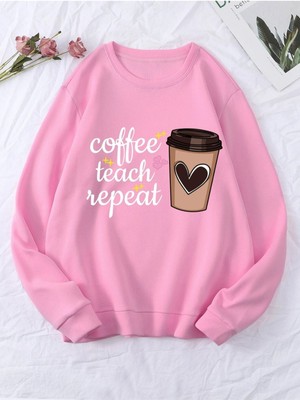 Black Sokak Pembe Coffee Teach Baskılı Oversize Bisiklet Yaka Kadın Sweatshirt