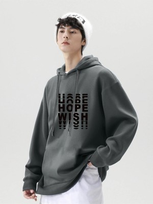 Black Sokak Antrasit Hope Wish Baskılı Oversize Kapüşonlu Erkek Sweatshirt