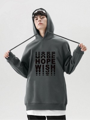 Black Sokak Antrasit Hope Wish Baskılı Oversize Kapüşonlu Erkek Sweatshirt