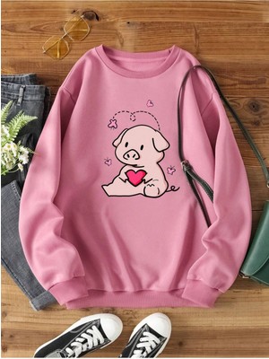 Black Sokak Pembe Domuz Baskılı Oversize Bisiklet Yaka Kadın Sweatshirt