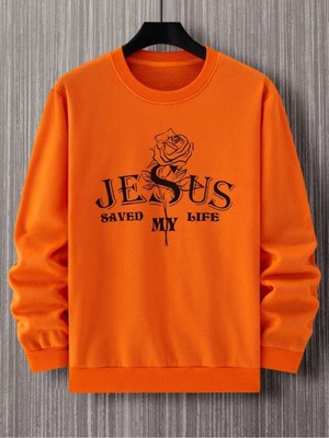 Black Sokak Turuncu Jesus Baskılı Oversize Bisiklet Yaka Erkek Sweatshirt