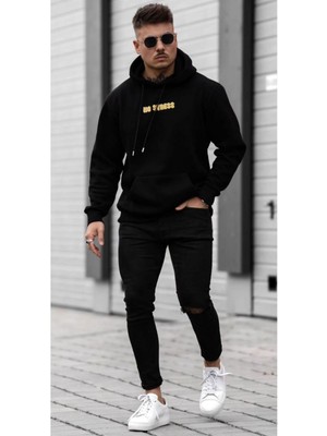 Black Sokak Erkek Siyah No Stres Baskılı Oversize Kapüşonlu Sweatshirt