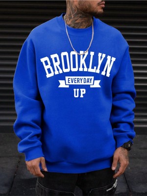 Black Sokak Mavi Brooklyn Baskılı Oversize Bisiklet Yaka Erkek Sweatshirt