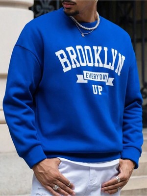 Black Sokak Mavi Brooklyn Baskılı Oversize Bisiklet Yaka Erkek Sweatshirt