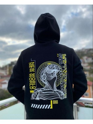 Black Sokak  Erkek Siyah New World Baskılı Oversize Kapüşonlu Sweatshirt