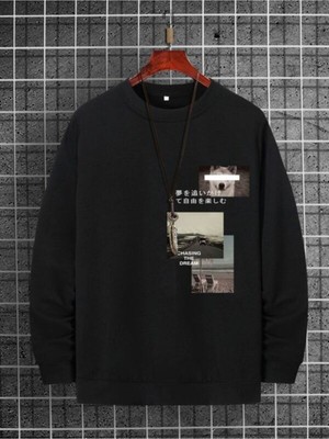 Black Sokak  Chasing Dream Baskılı Siyah Oversize Bisiklet Yaka Sweatshirt