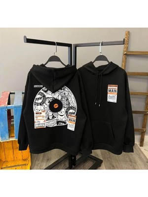 Black Sokak unisexsiyahmainbaskılıoversizekapüşonlusweatshirt