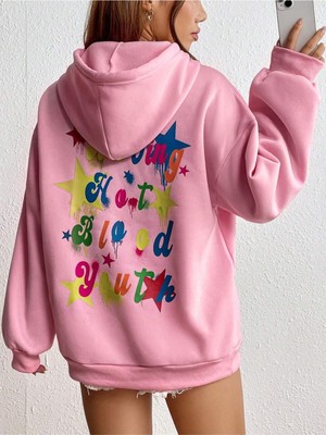 Black Sokak Pembe Waving Baskılı Oversize Kapüşonlu Unisex Sweatshirt