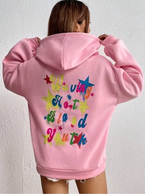 Black Sokak Pembe Waving Baskılı Oversize Kapüşonlu Unisex Sweatshirt