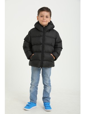 Freemen Siyah Rüzgara Dayanıklı Erkek Çocuk Şişme Kışlık Mont Uzun Kol Kapüşonlu Polarlı