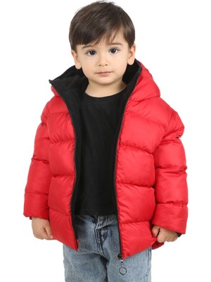 Freemen Erkek Çocuk Kırmızı Içi Polarlı Kürklü Kapüşonlu Su ve Rüzgar Geçirmez Şişme Kışlık Mont Kaban