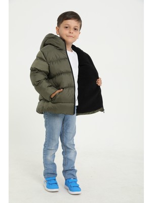 Freemen Erkek Çocuk Haki Içi Polarlı Kürklü Kapüşonlu Su Geçirmez Rüzgara Dayanıklı Cepli Şişme Kışlık Mont