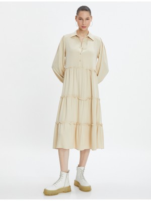 Koton Maksi Elbise Uzun Kollu Gömlek Yaka Düğme Detaylı Viskon Kumaş