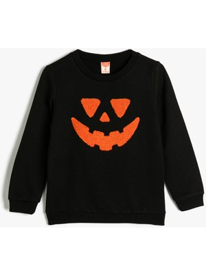 Koton Sweatshirt Balkabağı Baskılı Bisiklet Yaka Uzun Kollu Pamuklu